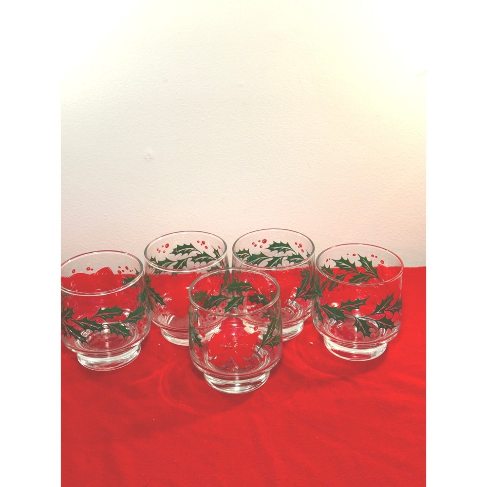 Set of 5 Vintage Libbey Holly & Berries Double Old Fashioned Rock Glasses
